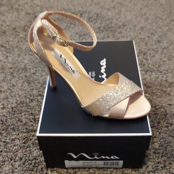 Nina Women's Glittering Gold Ankle Strap Heels - Picture 1 of 1
